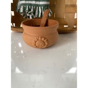 Terracotta Sun Face Salsa Bowl with Ladle Handmade Clay Celestial Folk Art